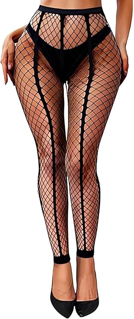 Women's Fishnet Pantyhose with Wide Lace Black Stripe Sexy Black Stretchy Mesh High Waist Tights Leggings Party