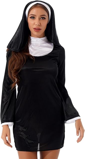 Women Nun Dress Uniform Cosplay Costume Adult Sexy Blessed Halloween Pray For Me Dress and Headpiece