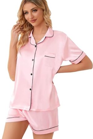Women Pajamas Set, 2 Pieces Satin Silk Button Down Pjs Short Sleeve Outfits Loungewear