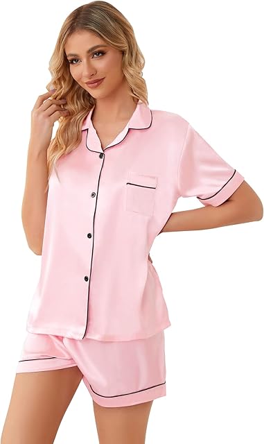 Women Pajamas Set, 2 Pieces Satin Silk Button Down Pjs Short Sleeve Outfits Loungewear
