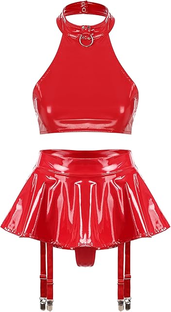 Women Sexy Latex Two Piece Lingerie Outfits with Halter Top and Ruffle Mini Skirt Garter Clips