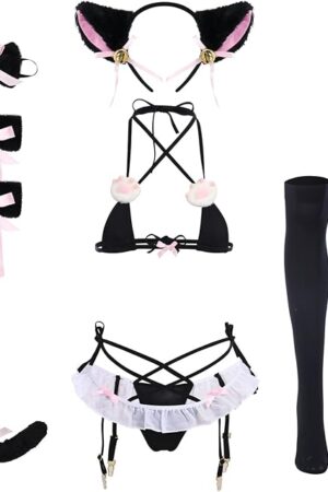 Women's Cute Anime Kawaii Cat Kitten Cosplay Strappy Lingerie Halter Micro Bra Panty Headband Garter Stockings Set