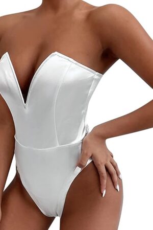 Womens Sexy Deep V Neck Tube Top Bodysuits Strapless High Cut Thong Leotard Party Nightclub Clothing with Snap Cortch