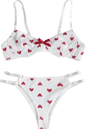 Women's 2 Piece Heart Print Cute Cut Out Bow Bra and Panty Underwire Lingerie Set