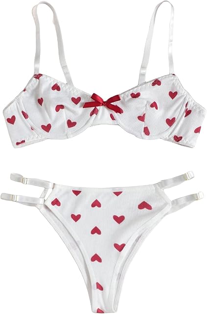 Women's 2 Piece Heart Print Cute Cut Out Bow Bra and Panty Underwire Lingerie Set