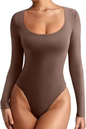 Women's Scoop Neck Long Sleeve Bodysuit Tops Sexy Basic Slim Fit Tops for Fall & Winter