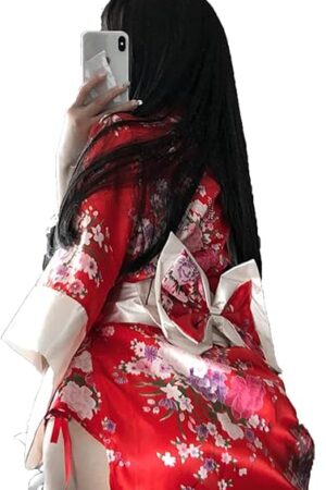 Women's Traditional Japanese Kimono Style Robe Sexy Cosplay Pajamas Outfit Soft Silk Belt Lingerie Set