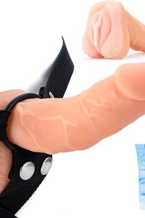 Hollow Realistic Dildo to Enlarge Prolong,3D Realistic Pocket Pussy,Strap-On System with Adjustable Belt,Reusable Penis Pump Sleeve Cock Extender (L)