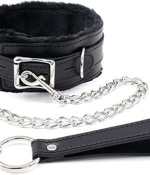 Fur-lined Black Leather Bondage Collar and Leash Set, Leather Bondage Toys Sex Collar with Chain Leash for SM Games