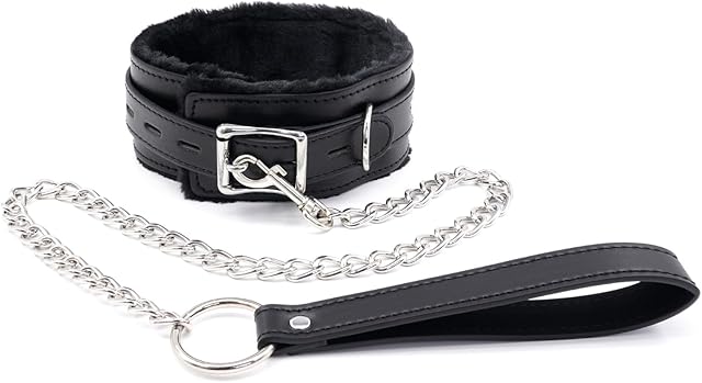 Fur-lined Black Leather Bondage Collar and Leash Set, Leather Bondage Toys Sex Collar with Chain Leash for SM Games