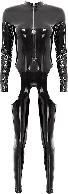 Women Sexy Hollow Out Latex Catsuit PVC Exotic Costume Lingerie Full Bodysuit Leotard Clubwear