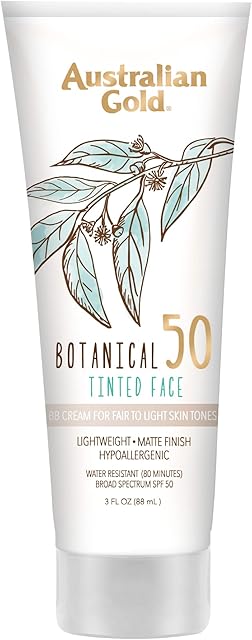 Australian Gold Botanical SPF 50 Tinted Face Sunscreen, Non-Chemical BB Cream, Water-Resistant, Matte Finish, Sensitive Skin, 3 FL Oz