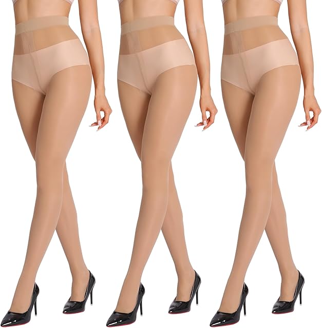 20D Sheer Tights for Women, 3 Pairs T Crotch Nylon Pantyhose, Sexy High Waist Lingerie Hosiery Stockings for Dress