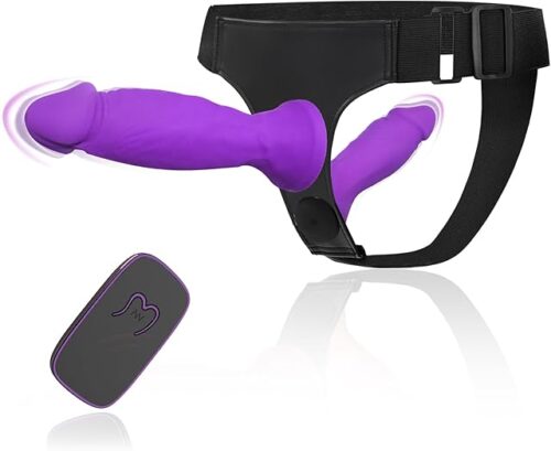 Strap On Vibrating Dildo Harness with 2 Silicone Double Sided Dildos, 10 Vibration Modes, Adjustable & Interchangeable Double-Ended Strapon for Beginner Women, Couples, Lesbian & Gay Pegging Play