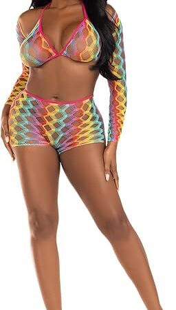 3 PC Rainbow hardcore net bra top, shrug, and boy shorts