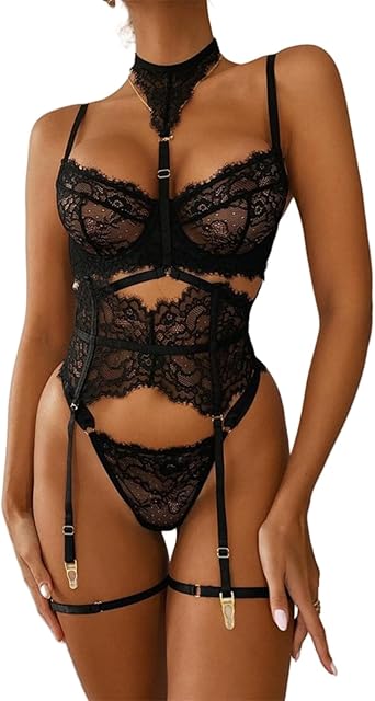 Women Sexy Lingerie Set See-through Lace intricate floral Embroidered Eyelash Lace, 3 Piece Set