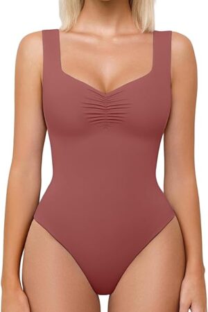 Bodysuits for Women Sweetheart Neck Ruched Body Suit Seamless Double Lined Tank Top Slimming