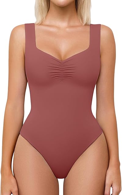 Bodysuits for Women Sweetheart Neck Ruched Body Suit Seamless Double Lined Tank Top Slimming