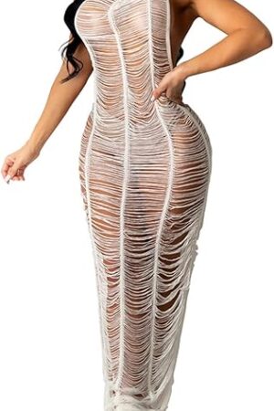 Women Sexy Halter Sleeveless Mesh See Through Crochet Maxi Long Dress Backless Knitted Beach Bikini Swimsuit Cover Ups
