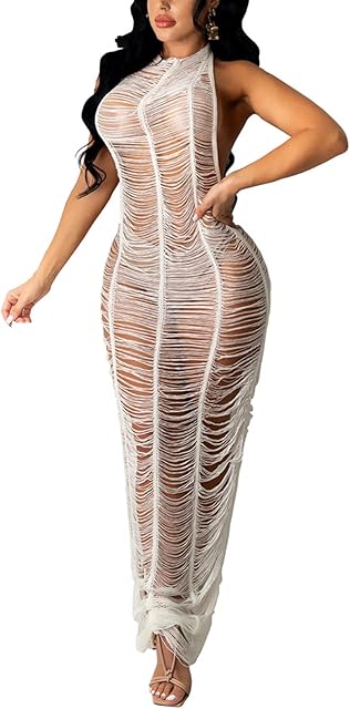 Women Sexy Halter Sleeveless Mesh See Through Crochet Maxi Long Dress Backless Knitted Beach Bikini Swimsuit Cover Ups