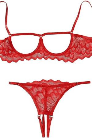 Women's Strappy Underwire Lace Sheer Lingerie Set Cut Out Bra and Panty