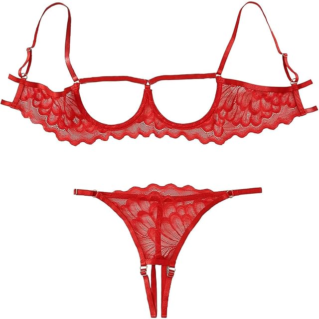 Women's Strappy Underwire Lace Sheer Lingerie Set Cut Out Bra and Panty