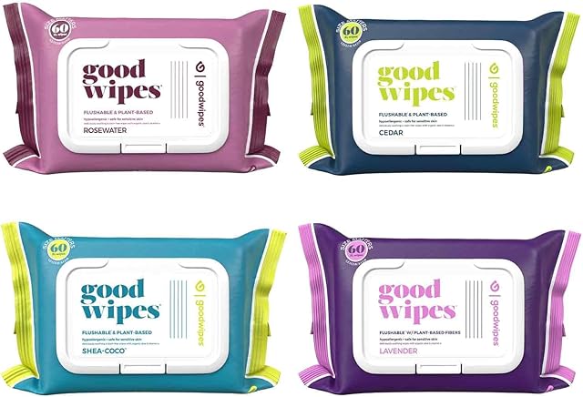Goodwipes Flushable Butt Wipes Made with Vitamin E & Aloe - Soft & Gentle Wet Wipe Dispenser for Home Use, Septic & Sewer Safe - Largest Adult Toilet Towelettes - Variety Pack, 240 Count (4 Packs)