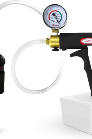 LeLuv Vibrating Penis Pump Maxi Black Handle with Gauge, Clear Hose - 9 inch Length x 1.50 inch Diameter Cylinder
