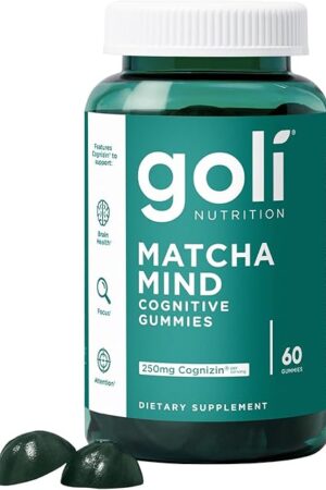Goli Matcha Mind Gummies - 60 Count - Green Tea Leaves Powder with Cognizin for Focus, Attention and Brain Health, Vegan, Non-GMO, Gluten-Free & Gelatin Free