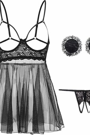 Women Lingerie Babydoll Nightgown For Sex Mini Chemise Cut Out Mesh Lingerie Teddy Bodysuit See Through Sleepwear Nightdress Black