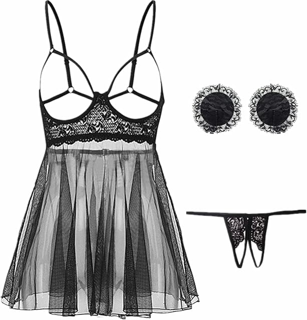 Women Lingerie Babydoll Nightgown For Sex Mini Chemise Cut Out Mesh Lingerie Teddy Bodysuit See Through Sleepwear Nightdress Black