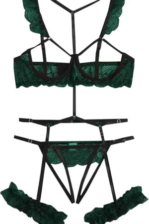 Women Lingerie Sets with Garter Belt 3 Piece Lace Teddy Babydoll Bodysuit Lingerie Sluttly Naughty Outfits A2