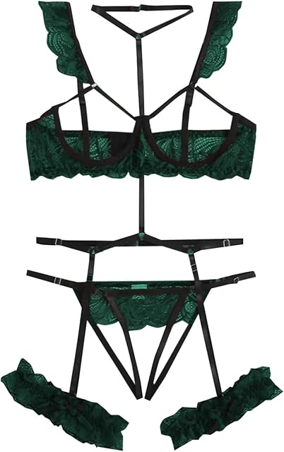 Women Lingerie Sets with Garter Belt 3 Piece Lace Teddy Babydoll Bodysuit Lingerie Sluttly Naughty Outfits A2