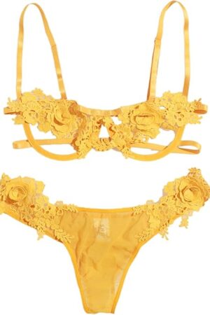 Women's Sexy Floral Lace Mesh Spaghetti Strap Panty Lingerie Set Pure Yellow M