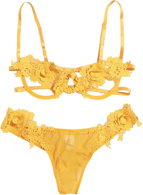 Women's Sexy Floral Lace Mesh Spaghetti Strap Panty Lingerie Set Pure Yellow M