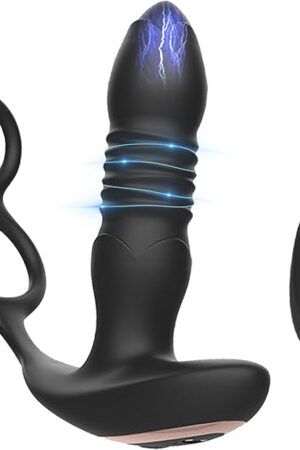 Dual Cock Ring & Anal Vibrator Sex Toy  Telescopic Motion, 10 Vibration Modes, Remote-Controlled Waterproof Rechargeable Adult Toy for Men & Couples