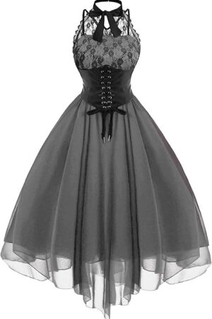 Women Gothic Sexy Dress Lace Panel Chiffon Dress Sexy Banquet Evening Dresses Goth Style Lace Halter Dress Swing Dress