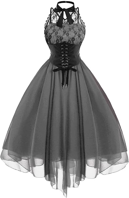 Women Gothic Sexy Dress Lace Panel Chiffon Dress Sexy Banquet Evening Dresses Goth Style Lace Halter Dress Swing Dress