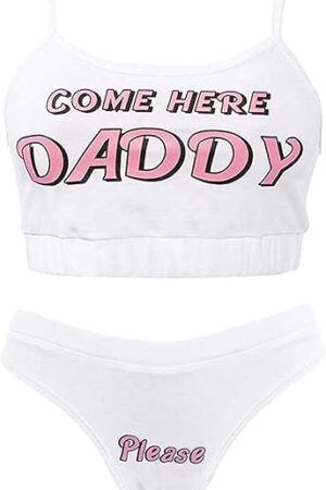 Women Sexy Lingerie Set Come Here Daddy Please Strappy 2PCS Slutty Underwear Crop Tops and Bottom Pajamas Sleepwear