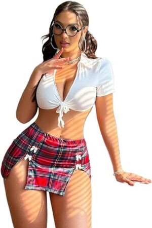 Women Tie-Front Crop Top And Bow Tie Trim Plaid Skirt Set Sexy Outfit Lingerie Set