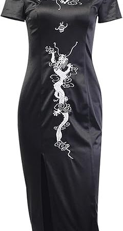 Womens Chinese Clothing Gothic Dress Cheongsam Dresses Vintage Black Slit Hem Sexy Evening Dress