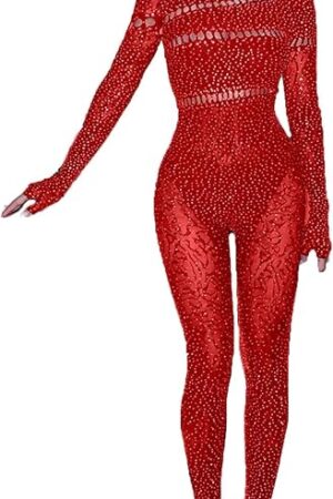 Women's One Piece Jumpsuit Long Sleeve Off The Shoulder Sparkly Rhinestone Hollow Out Full Body Mesh Bodysuit Lingerie