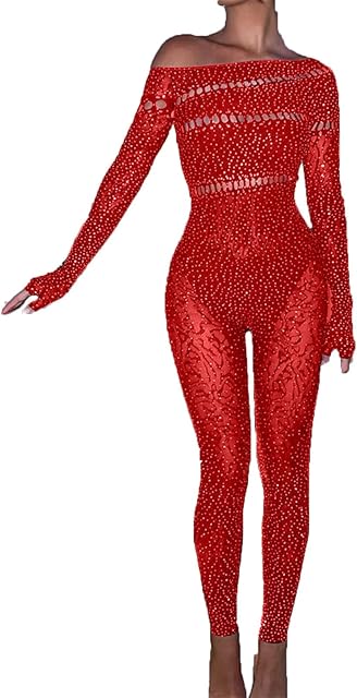 Women's One Piece Jumpsuit Long Sleeve Off The Shoulder Sparkly Rhinestone Hollow Out Full Body Mesh Bodysuit Lingerie