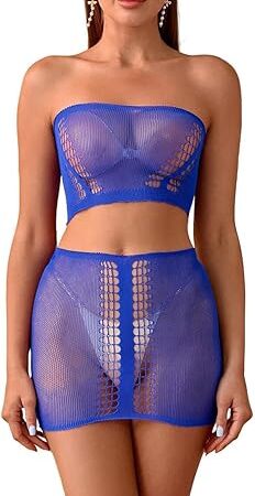 Womens Sexy Naughty See Through Hollow-Out Lingerie Fishnet Set Tube Top with Underwear