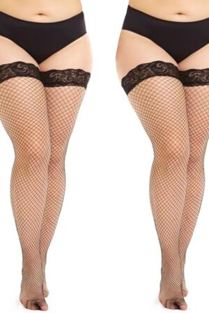 2 Pairs Plus Size Fishnet Stockings for Women,Silicone Lace Thigh High Stockings,Top Sheer Stay Up Lingerie Tights