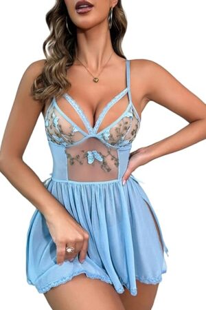 Women's Sexy Chemise Teddy Mini Dress Babydoll V Neck Lace Mesh Sheer Lingerie