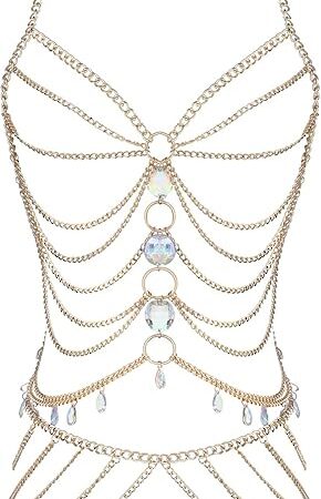 Women's Sexy Body Chain Suit Fashion Halter Bra Chain Body Jewelry (206-D-Gold color)