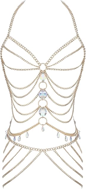 Women's Sexy Body Chain Suit Fashion Halter Bra Chain Body Jewelry (206-D-Gold color)
