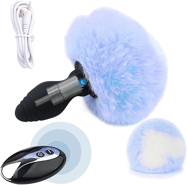 Bunny Butt Plug, Anal Vibrator Rechargeable Remote Control Vibrating Anal Plug with Blue Furry Tail Plug Bunny Cosplay Silicone Sex Toys Role Play Adult Sex Toy for Women Couples