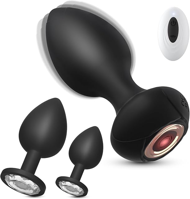 Anal Plug Sex Toys Vibrator 3PCS Silicone Anal Toys Butt Plug Training Kit with Remote Control 10 Frequency Vibration, Removable Diamond Anal Plug and Prostate Massager, Black